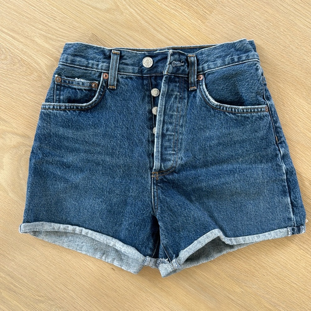 Agolde Dark Blue Denim High-Rise Button-Fly Shorts